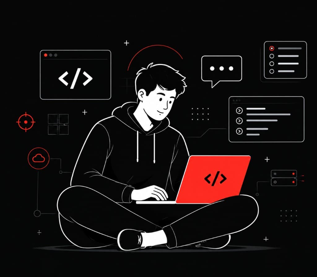 Developer working on a laptop with code and community UI elements